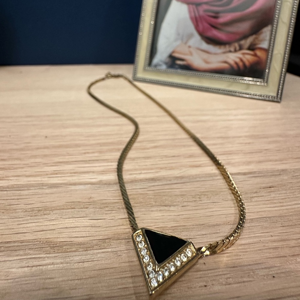 Christian Dior Vintage Black Enamel & Rhinestone V Necklace (Gold Plated) - Picture 3 of 7